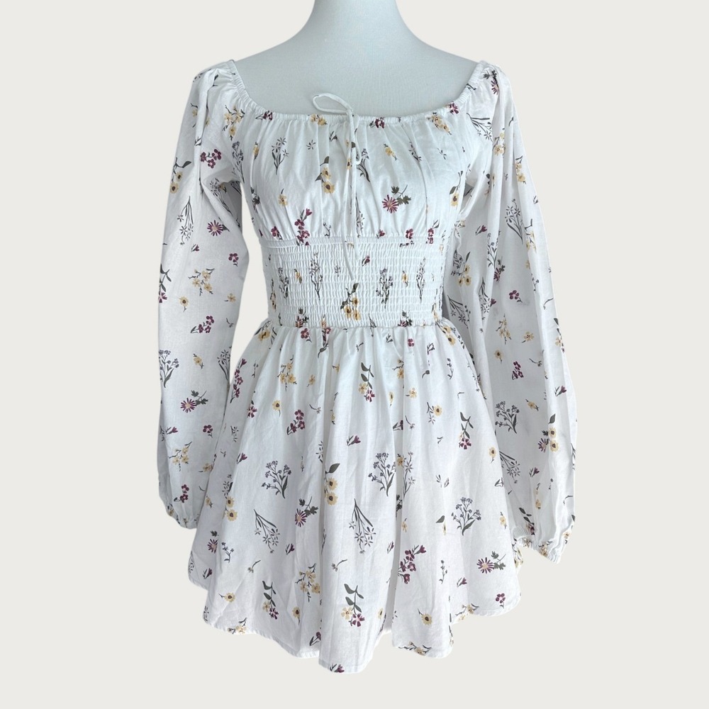Sabo Mini Dress Skirt White Floral Smocked Off-Shoulder puff long sleeve XS